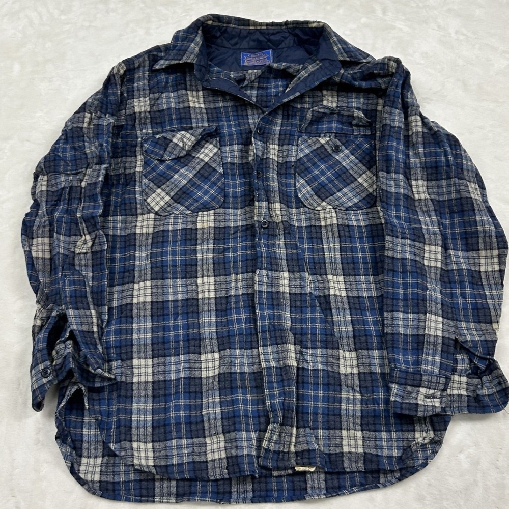 Pendleton Flannel Shirt Mens L Blue Plaid Wool Country Traditionals Button Down
